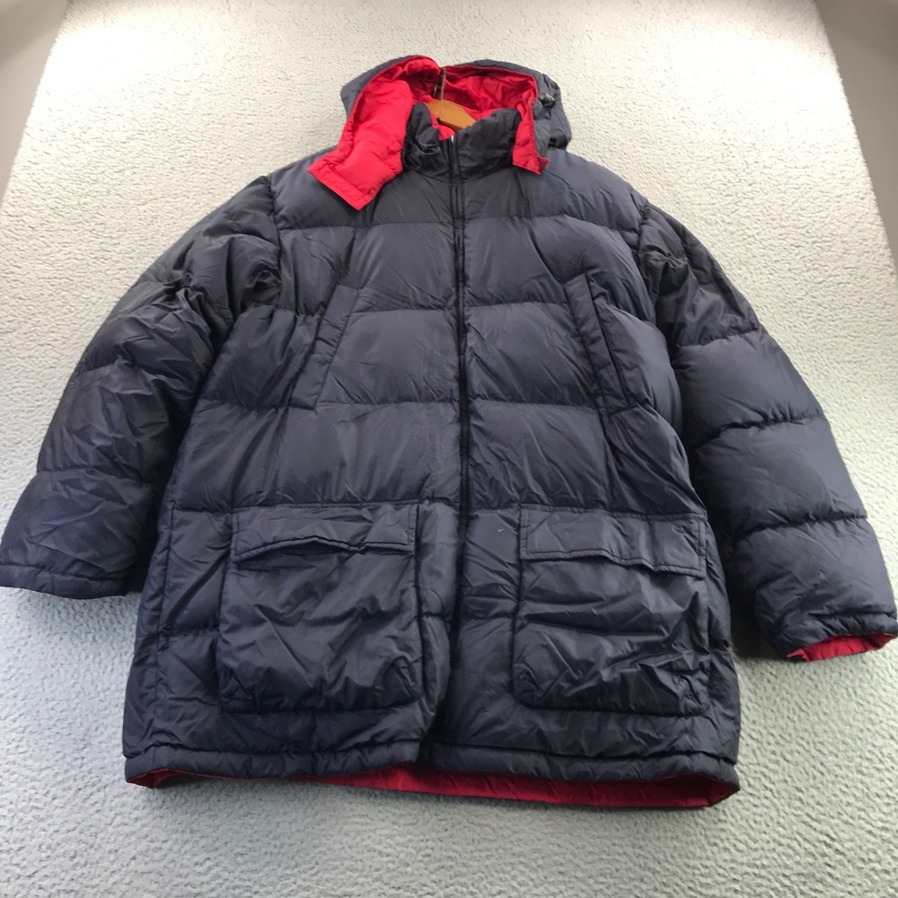 Vintage Lands End Jacket Mens XL Blue Down Puffer Hood Nylon Reversible Parka